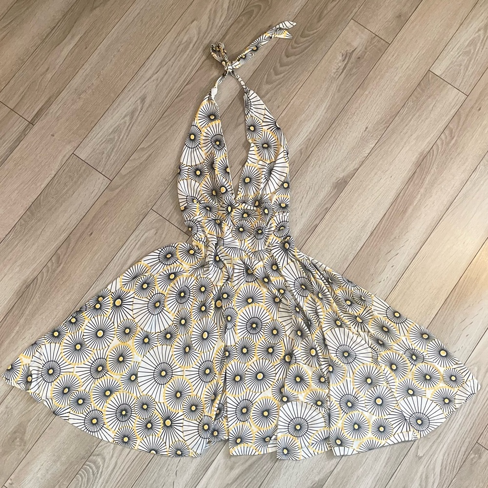 O’lala Vintage Y2K black and yellow print halter dress size Medium